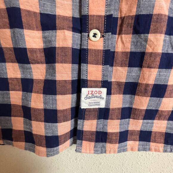 Izod Saltwater Relaxed Classics Men's Sz XL Plaid Blue Peach Button Up S/S Shirt - Picture 8 of 8